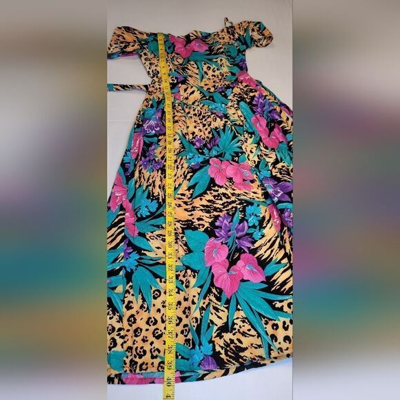 SMW 80s Vintage Drop Waist Off the Shoulder Leopard Cheetah Tropical Dress - Picture 14 of 15